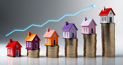 colorful toy houses on stacks of coins representing rising property values showcasing market growth in 9 real estate sectors