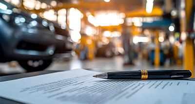 a pen resting on a document with vehicles in a workshop background related to vehicle maintenance and inspections seven key points to consider